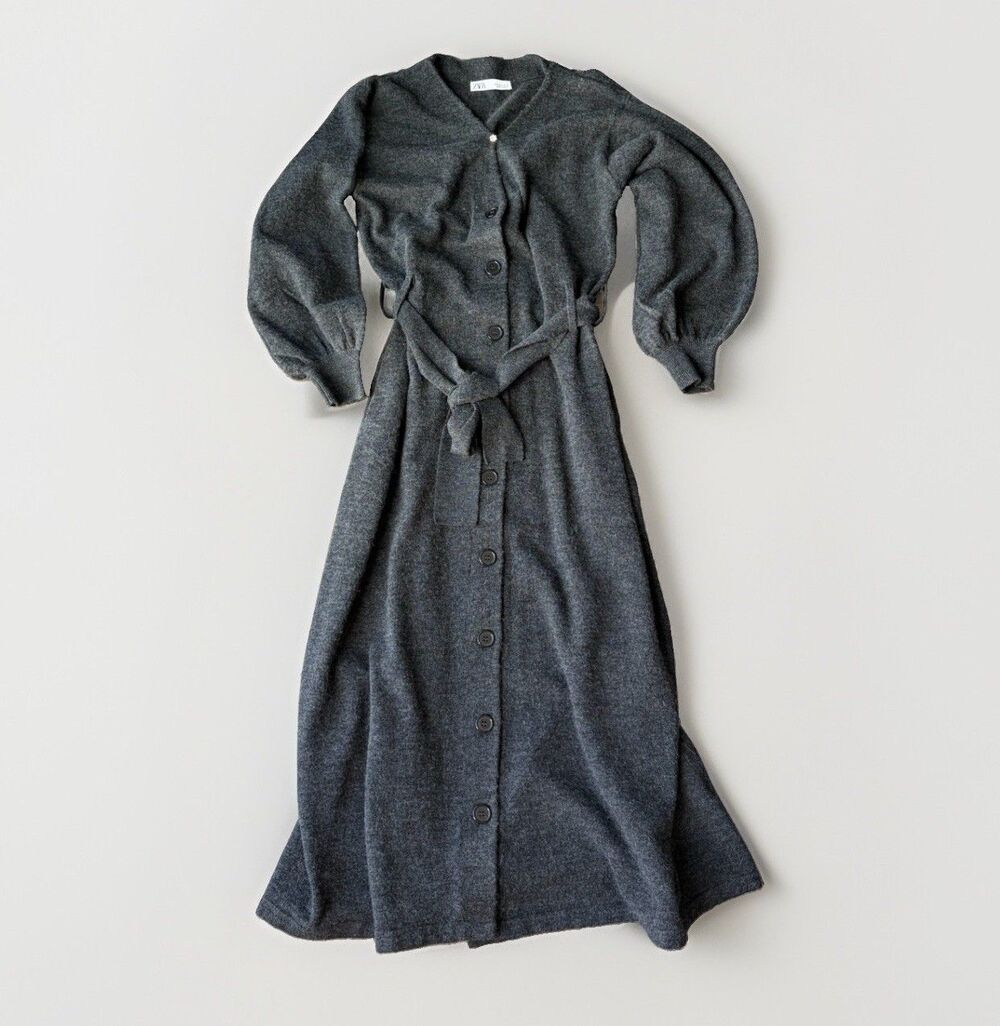ZARA Gray Knit Belted Sweater Dress S Long Balloon Sleeve Button Front Midi